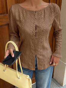 Siren Gaze Blus Lengan Panjang Bordir Terbaru untuk Wanita, Cocok untuk Semua Musim - Khaki - View 6