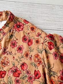 Linhara Plus Size Women's Notch Neck Printed Blouse, Summer Vacation Boho Fall - Brown - View 6