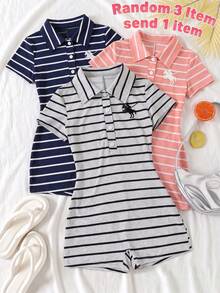 Tween Girl Striped Button Half-Placket Short Sleeve Casual Romper Back To School Randomly Sent 1pc - Grey - View 1