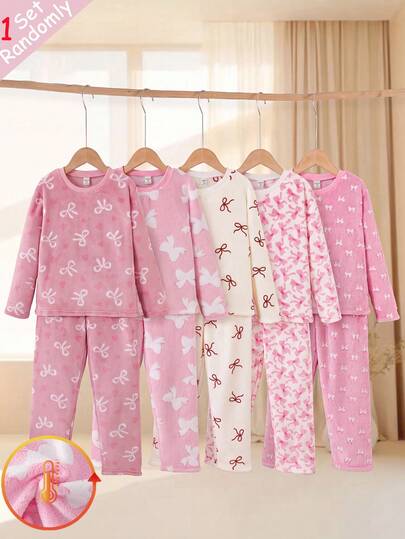 [1 Set Randomly Sent]Girls' Autumn/Winter New Plush Flannel Pajamas, Soft & Comfortable Home Wear Fleece-Lined And Thickened Autumn/Winter