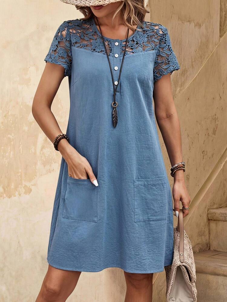 EMERY ROSE Vestido de verano casual y vintage para mujer con encaje empalmado - Azul - Añade 1