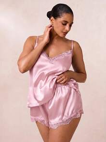 SHEIN BAE CURVE 蕾丝边缎面吊带背心和短裤睡衣套装/睡衣套装 - 粉色 - 查看 5