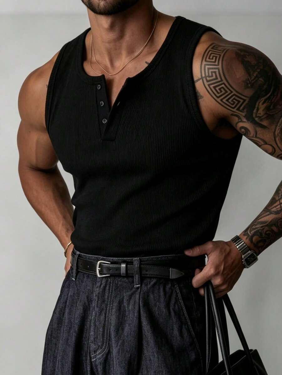 Gym Rark 男士純色休閒百搭日常旅行運動背心,健身房適用 - 黑色 - 查看 1