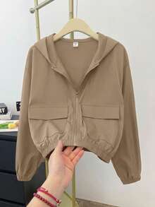 SHEIN 青少年女孩編織純色貼口袋短版寬鬆休閒連帽外套，秋冬款 - 卡其色 - 查看 11