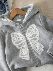 SHEIN Grå och vit blommig sweatshirt med rosettdekor för flickor, huva, höst- och vinterjacka, lämplig för utflykter - Grå - Visa 6