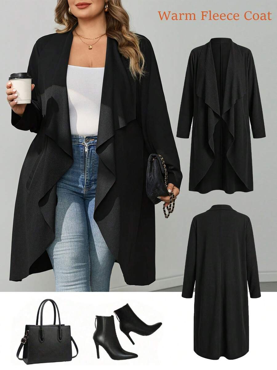 SHEIN CURVE+ Cardigan Kerah Air Terjun Hitam Ukuran Besar - Hitam - View 1