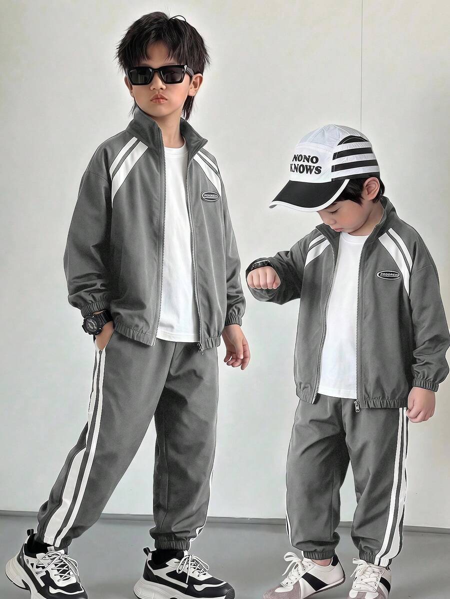 SHEIN 2pcs Kids Young Boy Casual Daily Comfortable Letter Print Hooded Colorblock Zip-Up Long Sleeve Jacket And Loose Cuffed Knit Pants Set, Suitable For School, Garden, Beach, Birthday, Spring, Summer, Fall - Grey - View 1