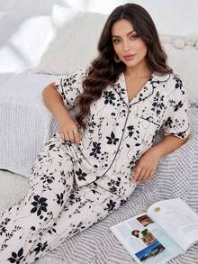 Serenescape Women's Plus Size Floral Plant Print Pajama Set, Lapel Cardigan Style 2 Pieces Loungewear - Apricot - View 6