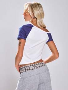 MUSERA Graphic Printed Jersey Asymmetric Off The Shoulder Ruched Tie Side Crop Top  Cute Back To School Daily Holiday Casual Varsity - Multicolor - View 4