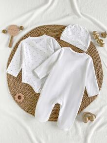 3-Piece Newborn All-Season Homewear Set, Bear Embroidered 3D Ear Footed Romper, Khaki Polka Dot Romper & Hat, Baby Gift - White - View 2