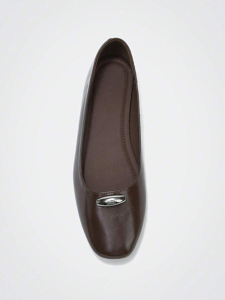 Maija Dark Brown Square Toe Metal Buckle Flat Shoes, Commuting, Dating, Light Business And Other Occasions - dark brown - View 1