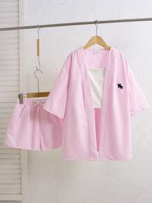 SHEIN 青少年女孩 3 件套，包含 1 件長袖條紋刺繡襯衫、1 件白色修身細肩帶背心和 1 件條紋鬆緊腰短褲，淡黃色與淺黃色條紋，休閒百搭日常穿著，適合學校與夏季假期，秋冬穿搭 - 粉色 - 查看 2