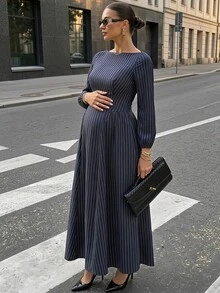 MaterniWear 孕婦條紋休閒商務休閒派對旅行洋裝 優雅婚禮賓客禮服 奢華晚宴外出秋季深藍色 - 藏蓝色 - 查看 3