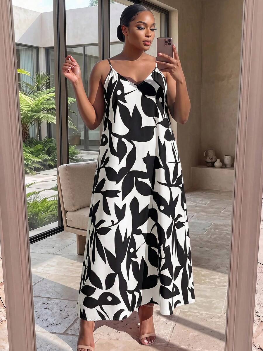 SHEIN Lady CURVE 大尺碼女款全印花休閒日常夏季旅行細肩帶洋裝 - 黑與白 - 查看 1