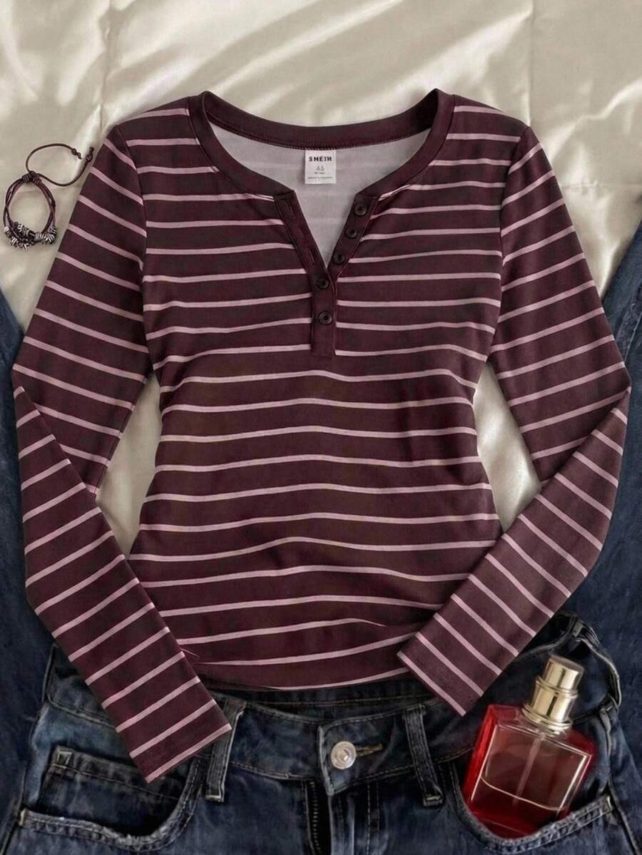 SHEIN Tween女孩修身休閒極簡舒適圓領半鈕扣棕色與粉色條紋長袖T恤 - 彩色 - 查看 1