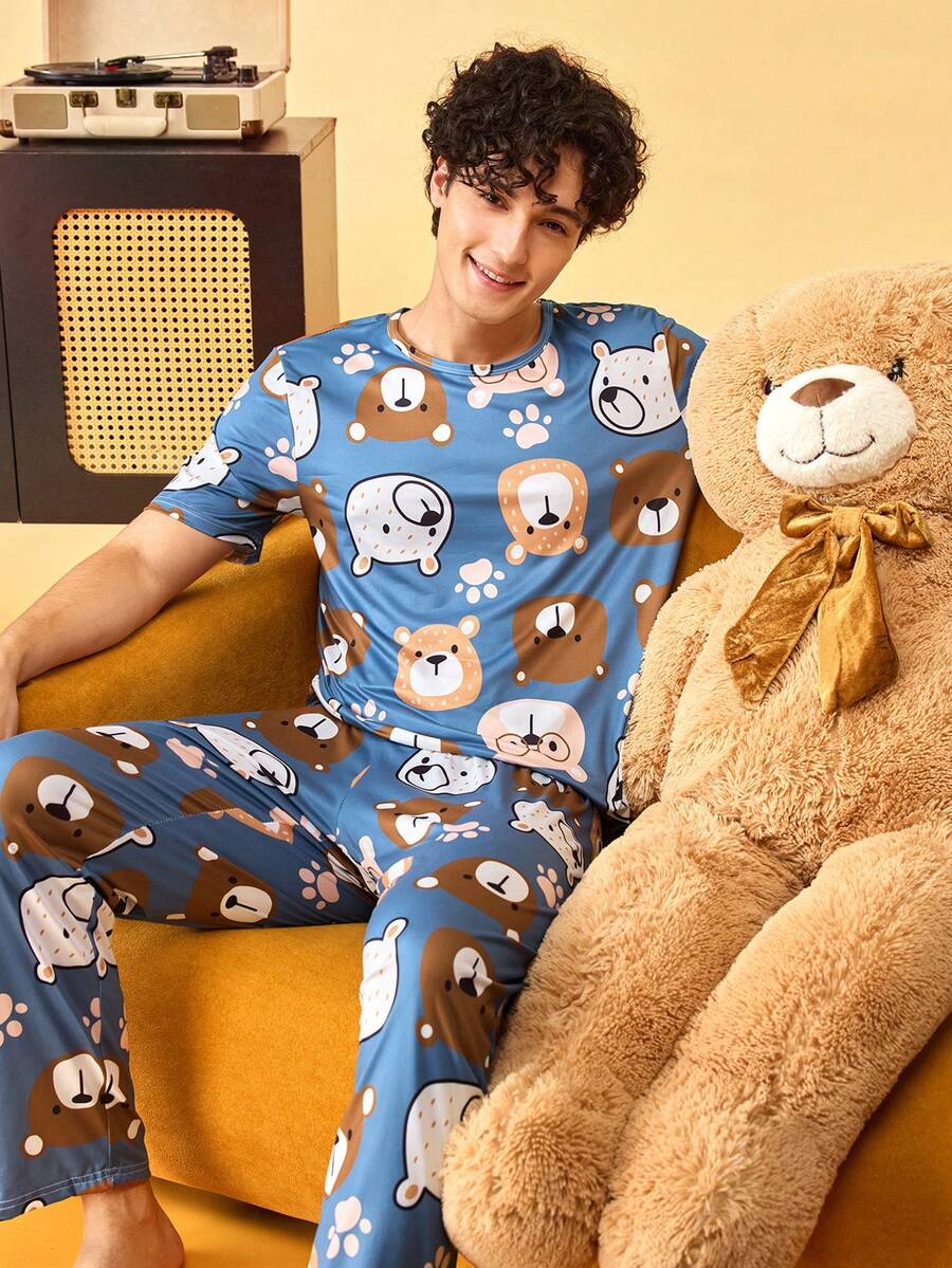 Notgurli Men's All-Over Print Crew Neck Short Sleeve & Long Pants Loungewear Set - Multicolor - View 1