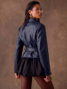 SHEIN BAE 女款純色腰部打結時尚百搭日常休閒夾克 - 深灰色 - 查看 2