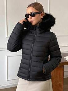 DAZY Women's Solid Color Plush Hooded Zip-Up Casual Daily Winter Padded Coat Fall Jacket - Black - View 8