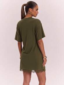 SHEIN BAE 女款蕾絲飾邊休閒日常夏季迷你洋裝 - 軍綠色 - 查看 2