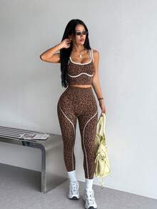 Dewbera Dewbera 2 Potong Set Olahraga, Atasan Tank Top Yoga Fitness Ketat Tanpa Jahitan, Legging Lari Olahraga Blok Warna Pinggang Tinggi - Coklat - View 4