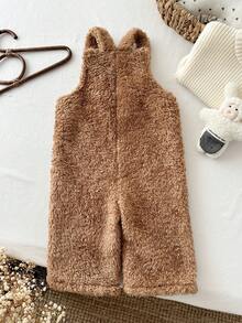 LMoss Kids 女嬰加厚雙面抓絨多功能吊帶褲，適合冬季，可愛貼袋設計，可調節肩帶 - 棕色 - 查看 2