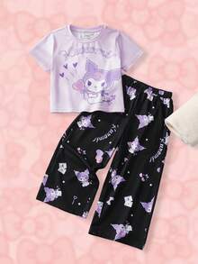 HELLO KITTY AND FRIENDS | SHEIN Young Girl Cute Cartoon Letter Graphic Short Sleeve T-Shirt And Long Pants Pajama Set, Spring/Summer/Autumn - Mauve Purple - View 1