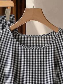 SHEIN Clasi 女款格紋圓領打結上衣與長褲休閒日常兩件套 - 黑與白 - 查看 4