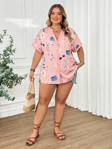 SHEIN CURVE+ 大码女式休闲宽松碎花短袖衬衫，春夏教师制服 - 粉色 - 查看 6
