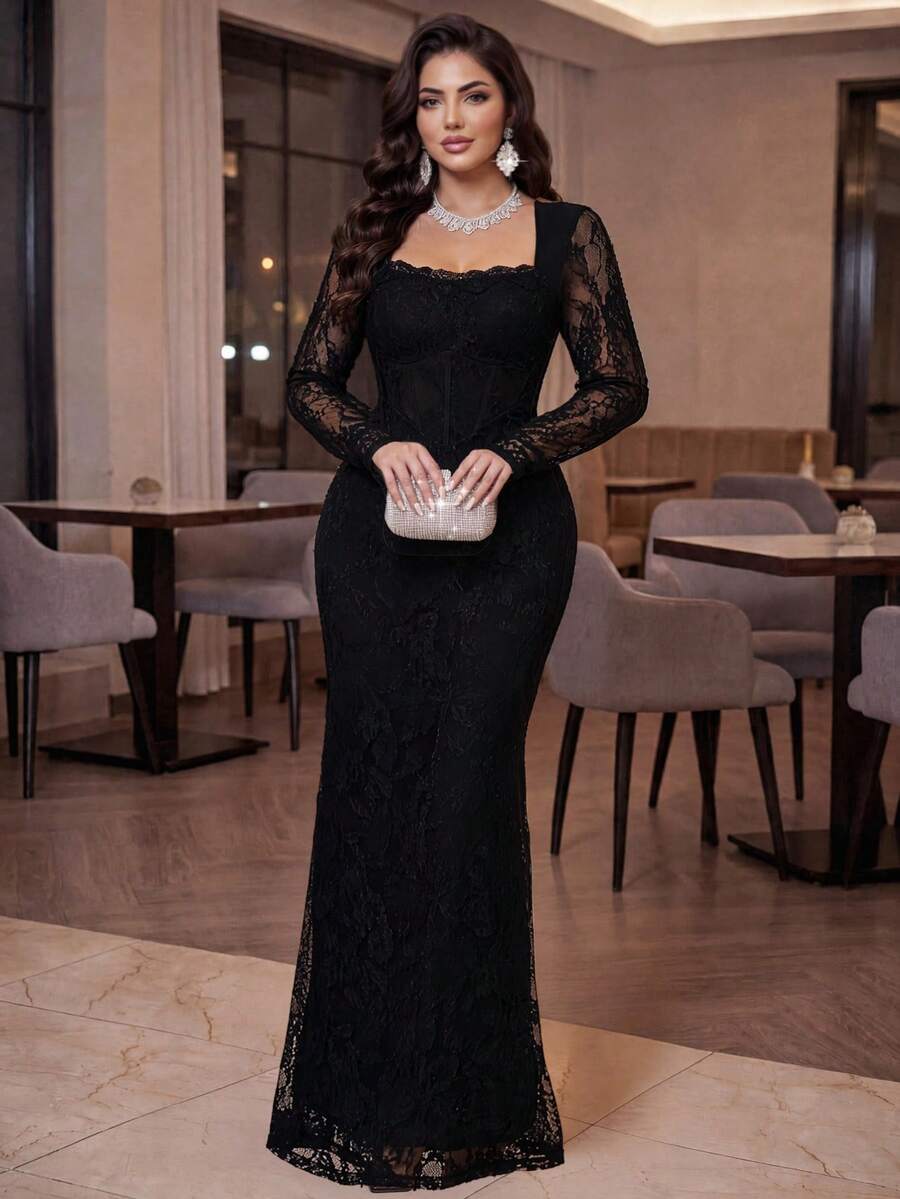 Auveirra 大碼女士優雅蕾絲長袖連衣裙,黑色冬季正式晚禮服,方領魚骨緊身婚禮舞會派對禮服秋季 - 黑色 - 查看 1