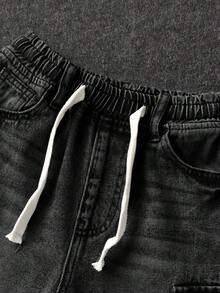 SHEIN 兒童青少年男孩抽繩腰工裝口袋休閒牛仔短褲 - 黑色 - 查看 3