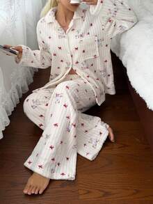 DAZY Winter Cute Bow & Bear Pattern All-Over Print Plush Women's Pajama Set Fall - Blue - View 3