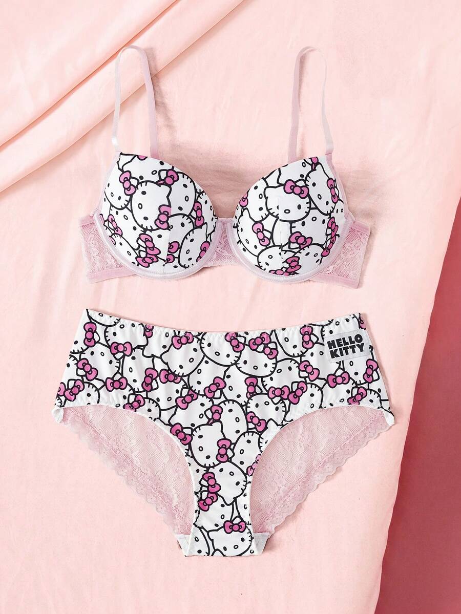 HELLO KITTY AND FRIENDS | SHEIN Set Lingerie Wanita Modis dengan Bra Motif Kartun Lucu dan Celana Dalam Segitiga Renda Patchwork - Berwarna merah muda - View 1