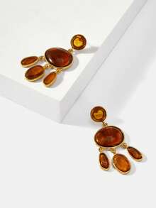 MOTF PREMIUM Retro Multi-Layer Gradient Tortoiseshell Amber Fringed Earrings, Multiple Oval Hemming Gold-Plated Long Banquet Earrings - Gold brown fringed earrings - View 6
