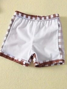 SHEIN Bubblio 男女宝宝两件套可爱鲸鱼图案蓝色格子泳衣，防晒泳装，适合海滩度假游泳 - 棕色 - 查看 7