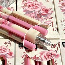 8pcs INS Chinese Style Rose Retractable Gel Pen, Soft Grip Posture Correction, 0.5mm Quick Dry Black Ink For Students Exams & Writing - multicolor - View 2