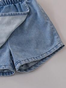 SHEIN Playful Pals 女童休閒可愛圓領標準肩寬彩色波點彩虹印花T恤與純色牛仔裙套裝，夏季返校穿搭 - 粉色 - 查看 8