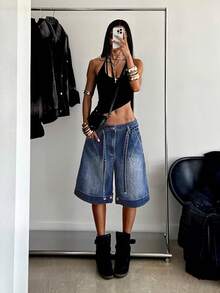 StreetHx Fashion Casual Street Style Rolled Cuff Drawstring Low Waist Denim Capris - Medium Wash - View 3