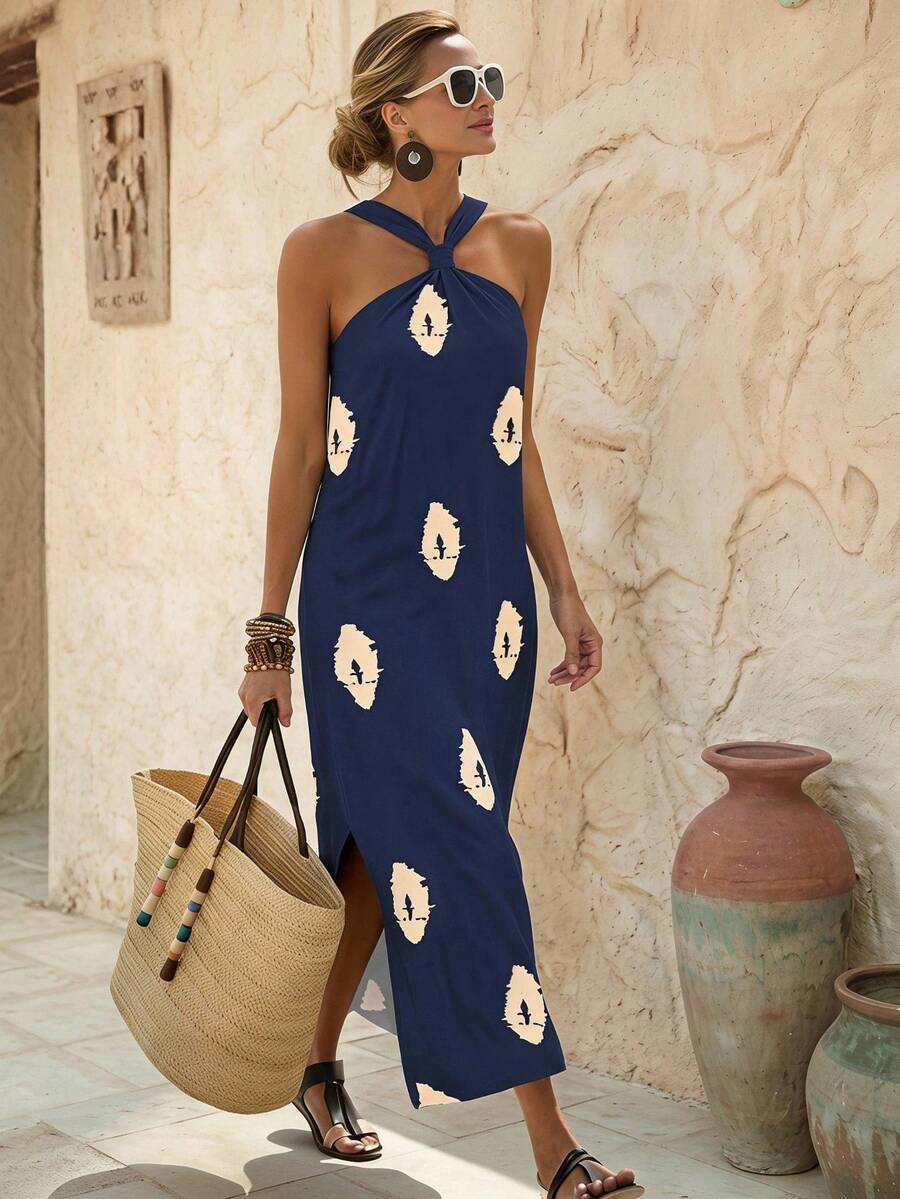 EMERY ROSE Vestido largo estampado geométrico de verano con abertura en la Bottom y cuello halter para vacaciones y playa para mujeres - Azul Marino - Ver 1