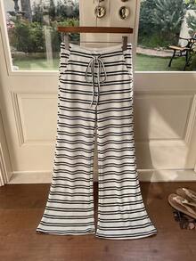 Comfortcana Women's Summer Knit Striped Long Pants - Black and White - View 4