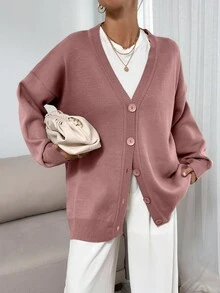 EURMUSE 女式纯色落肩长袖单排扣休闲针织开衫 - 藕粉色 - 查看 3