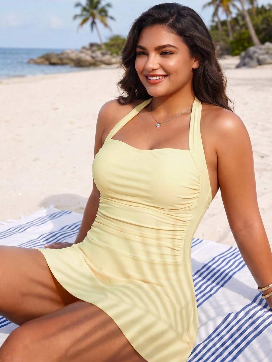 Swim Lushoire Plus Size Women 2-Piece Solid Color Elegant Casual Swim Skirt Swimsuit - Yellow - View 1