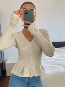 DAZY Cardigan Liburan Musim Semi/Gugur Elegan untuk Wanita dengan Motif Bunga, Pinggang Pas, Hem Berumbai, Lengan Panjang, dan Leher V - Aprikot - View 4