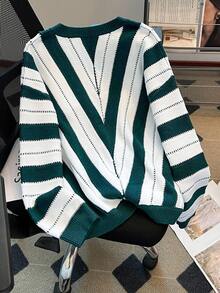 Franclia Women's Green And White Striped Autumn Casual School Sweater,Deep V-Neck Geometric Pattern Jacquard Long Sleeve Loose Christmas Halloween Clothing - Dark Green - View 2