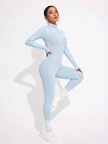 Easithlete Easithlete Women's Solid Color Long Sleeve Zipper Front Athletic Jumpsuit - Dark Grey - View 8