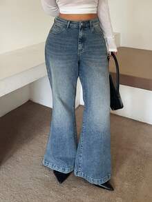 Dazy Plus Two-Tone Washed Distressed Skinny Stretch Flare Jeans, Long All-Season Elegant Denim Pants - Medium Wash - View 6