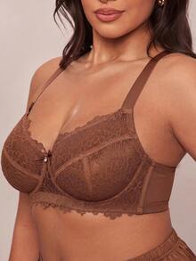 SHEIN BAE CURVE 圣诞蕾丝拼接加大码钢圈文胸 - 咖啡棕 - 查看 6