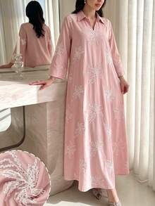 Al Najma Collared Eyelet Embroidery Casual Long Dress - Dusty Pink - View 1