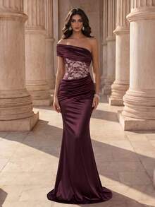 Coutiva Vestido de noche formal elegante de mujer con parches de encaje y fruncido en la cintura - Burdeos - Ver 5