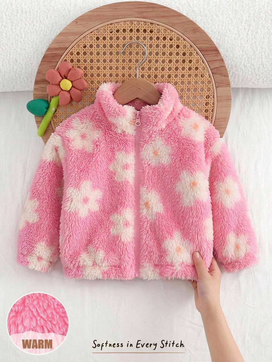 Cozy Pixies Babygirl Casual Versatile Floral Pattern Fuzzy Long Sleeve Stand Collar Winter Jacket - Hot Pink - View 1