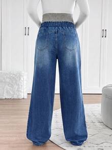 SHEIN Maternity Fashion Versatile Tie-Waist Pocket Denim Jeans For Daily Wear - Blue - View 2